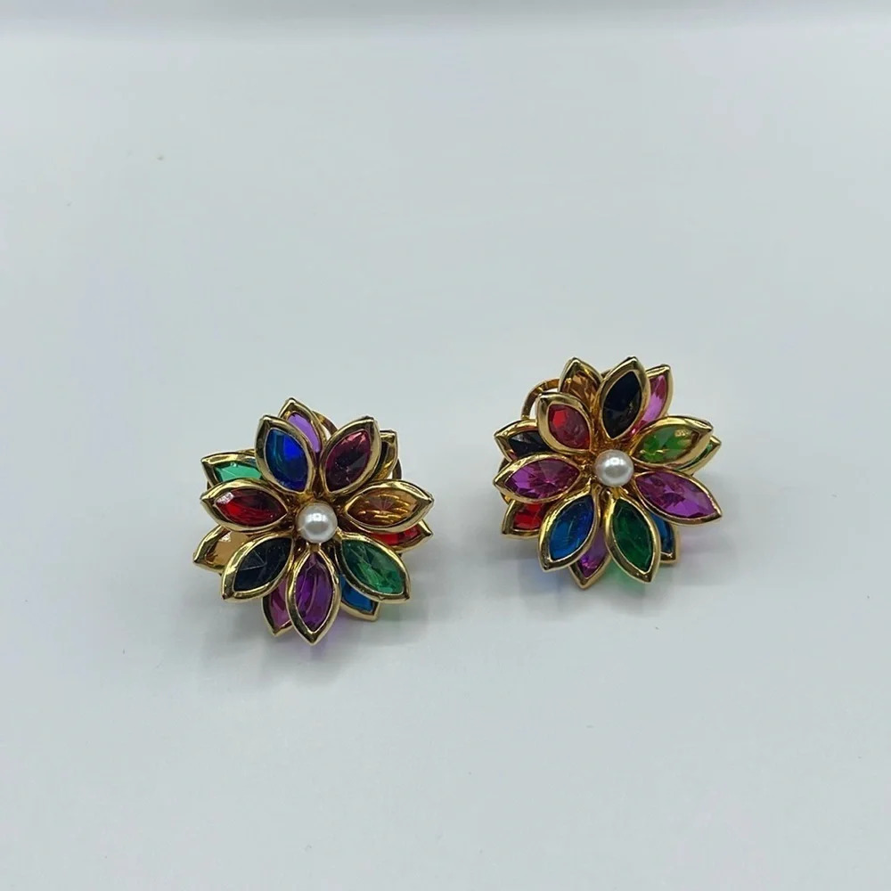 Earrings Vintage Women’s Colorful Flowers Jewelry - Picture 2 of 7